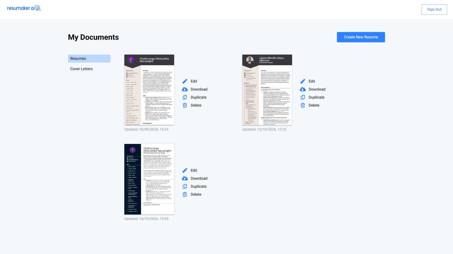 Resume Maker Dashboard Interface